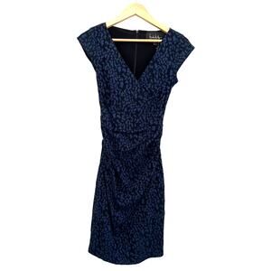 Nicole Miller Ruched Cocktail Midi Shift Dress Womens 0 Blue Leopard Print
